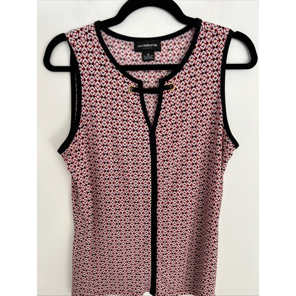 Liz Claiborne Career Women's M Wrinkle Free Top Red Black V-Neck